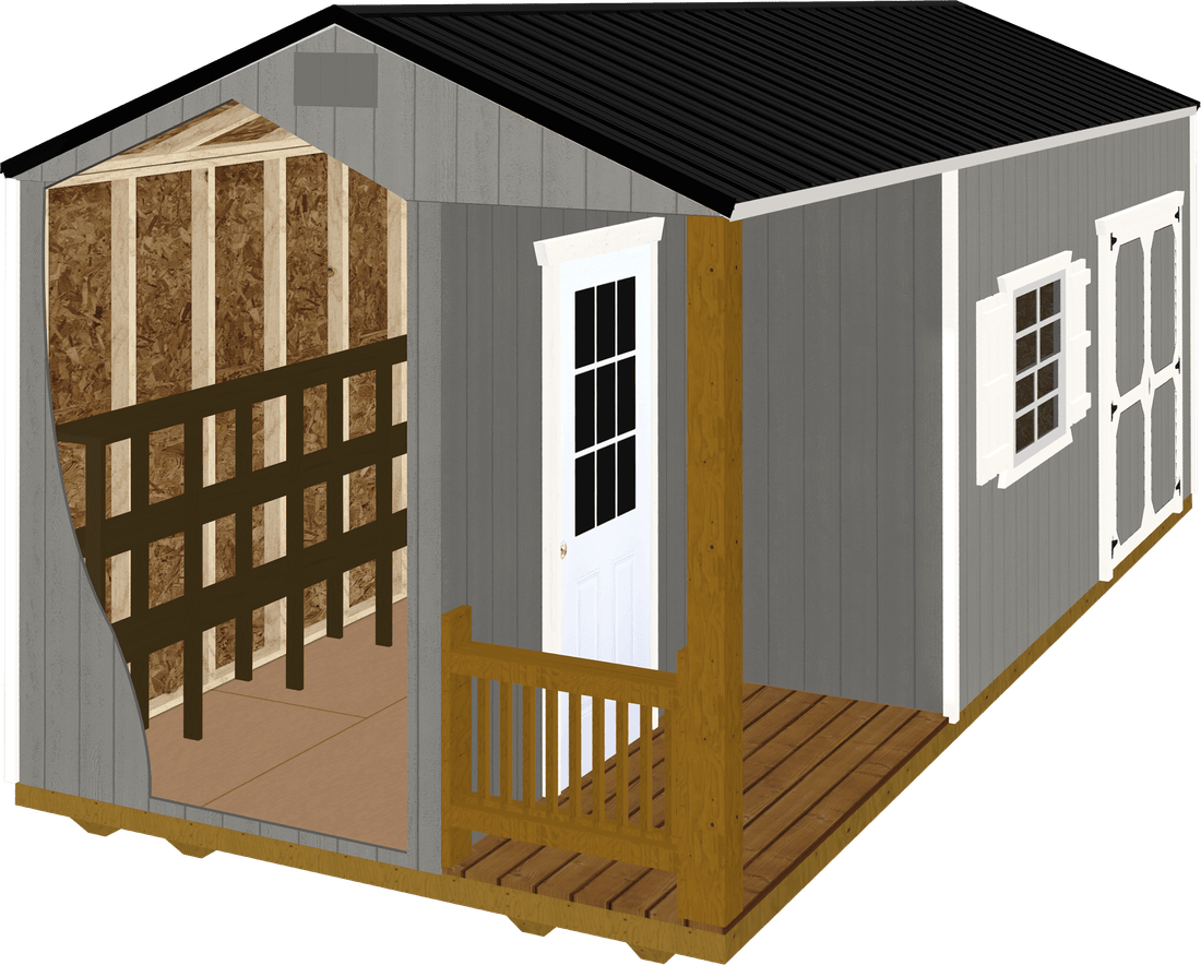Cutaway view of an Old Hickory utility shed with a side porch
